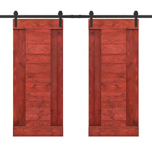 60 in. x 84 in. Cherry Red Stained DIY Knotty Pine Wood Interior Double Sliding Barn Door with Hardware Kit