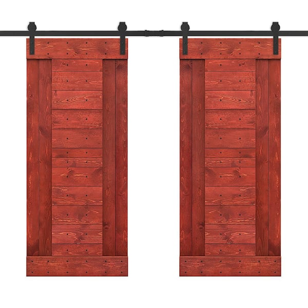 CALHOME 60 in. x 84 in. Cherry Red Stained DIY Knotty Pine Wood Interior Double Sliding Barn Door with Hardware Kit
