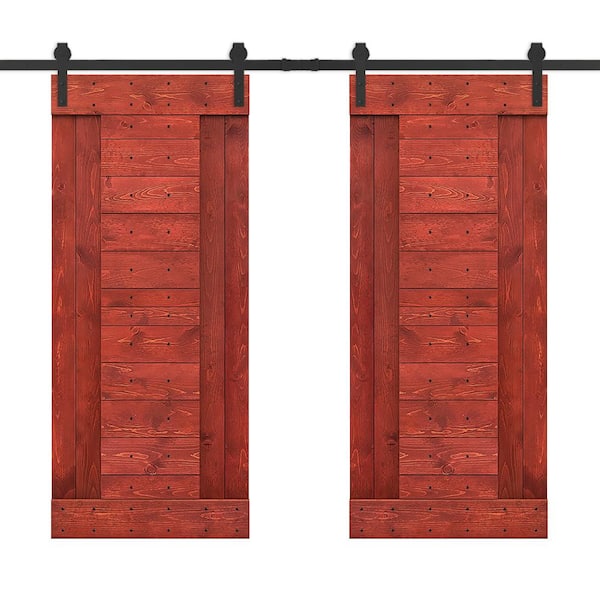 CALHOME 72 in. x 84 in. Cherry Red Stained DIY Knotty Pine Wood Interior Double Sliding Barn Door with Hardware Kit