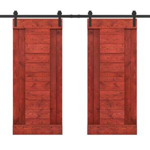 76 in. x 84 in. Cherry Red Stained DIY Knotty Pine Wood Interior Double Sliding Barn Door with Hardware Kit
