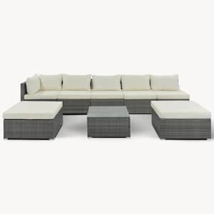 Gray 8-Pieces Wicker Patio Conversation Sofa Set with Beige Cushions Coffee Table ottomans for Garden