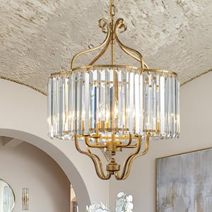 4 Lights W18in Glam Crystal Chandelier in Matte Gold Luxury Unique Drum Shape Pendant Light for Dining Room