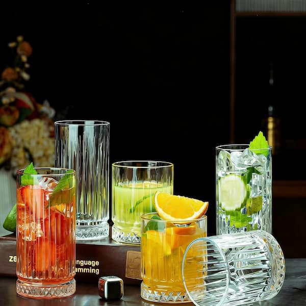 Wudkey Set of 8 Durable Glass Cups, 4 Highball Glasses 15 oz. & 4 Rocks Glasses 12oz. Glassware Set for Cocktail, Beer, Whiskey