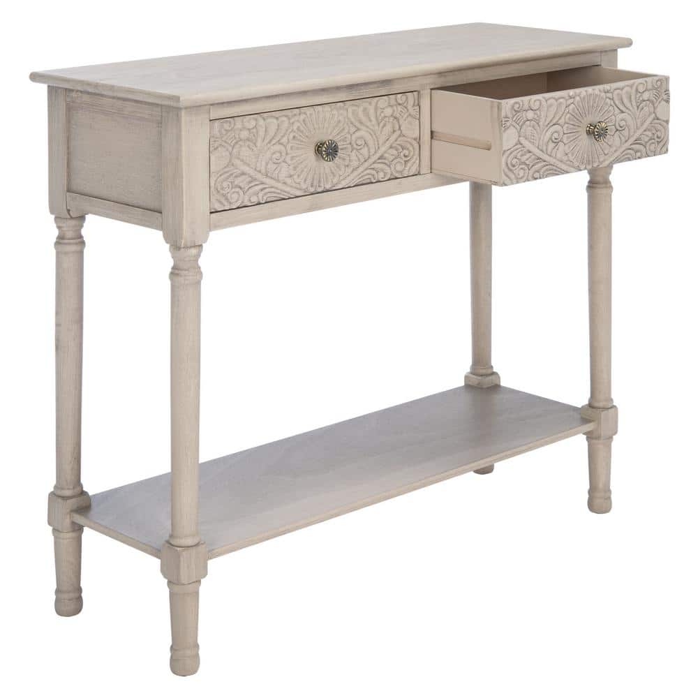 Josie Elegantly Carved Greige Wood & Metal 40'' Console Table with Storage