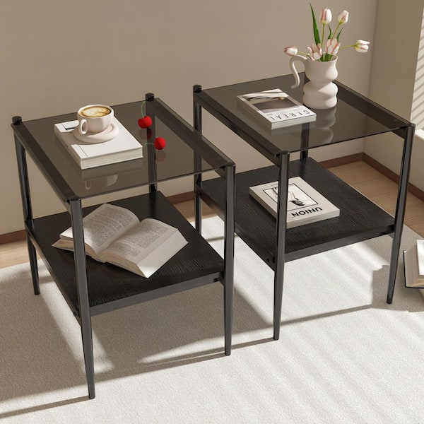 Set of 2 19.1 in. Rectangle End Tables Gray Tempered Glass Top, Black MDF Shelf and Black Metal Legs for Living Room