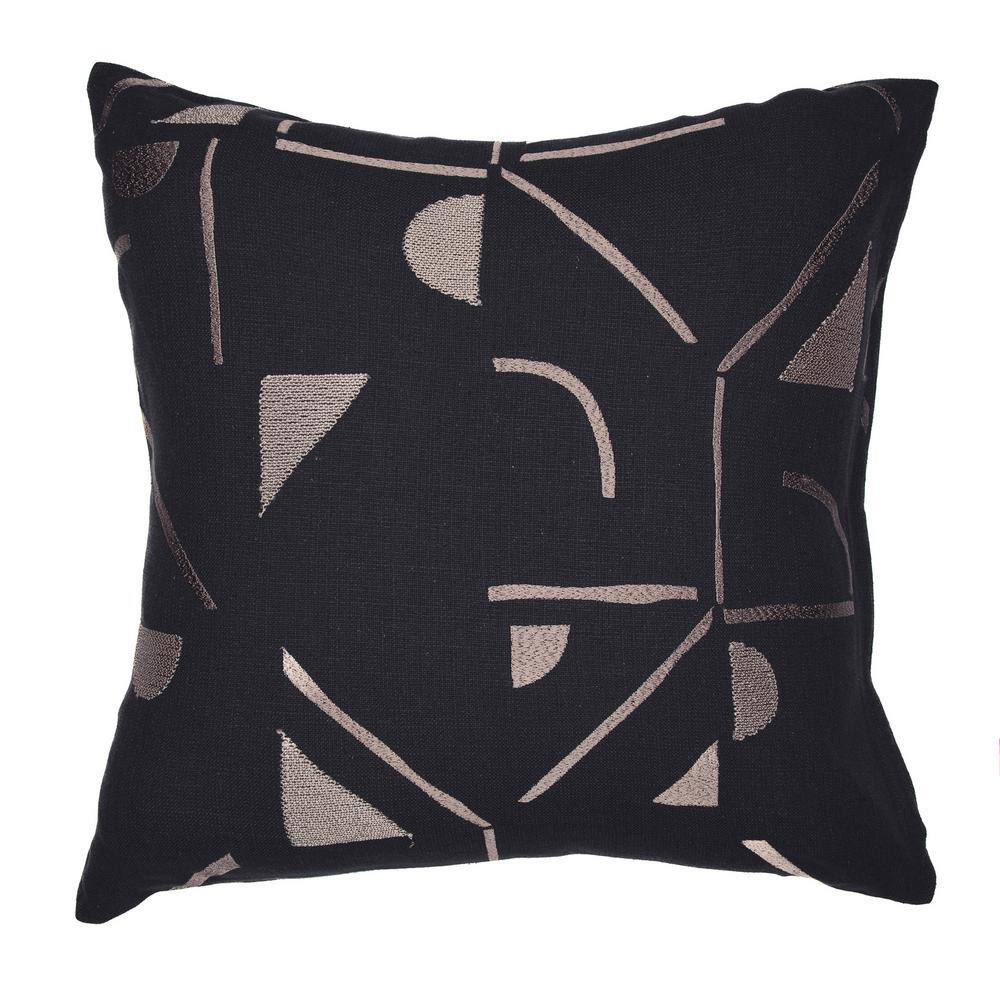 Black and Beige Embroidered Cotton Blend Square Throw Pillow