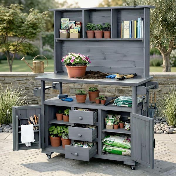 Gray Wood 65 in. H 3-in-1 Garden Potting Bench Kitchen Island with