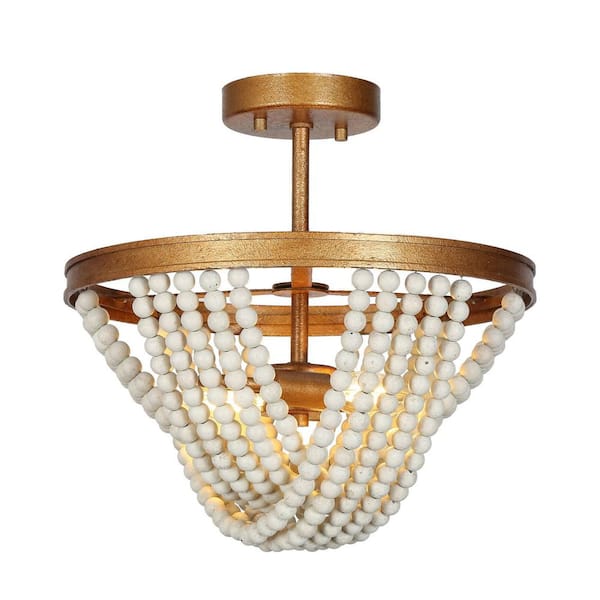 13.8 in. 2-Light Antique Gold Semi-Flush Mount Light with Weathered White Wood Beads