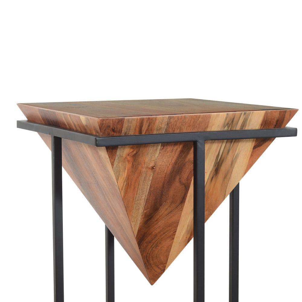 30-Inch Brown Acacia Wood Side Table with Black Metal Cross Base