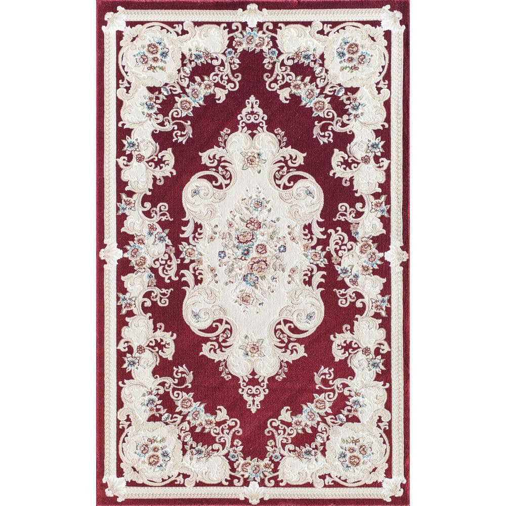 Classic Burgundy and White Synthetic Round Area Rug, 5' x 5'