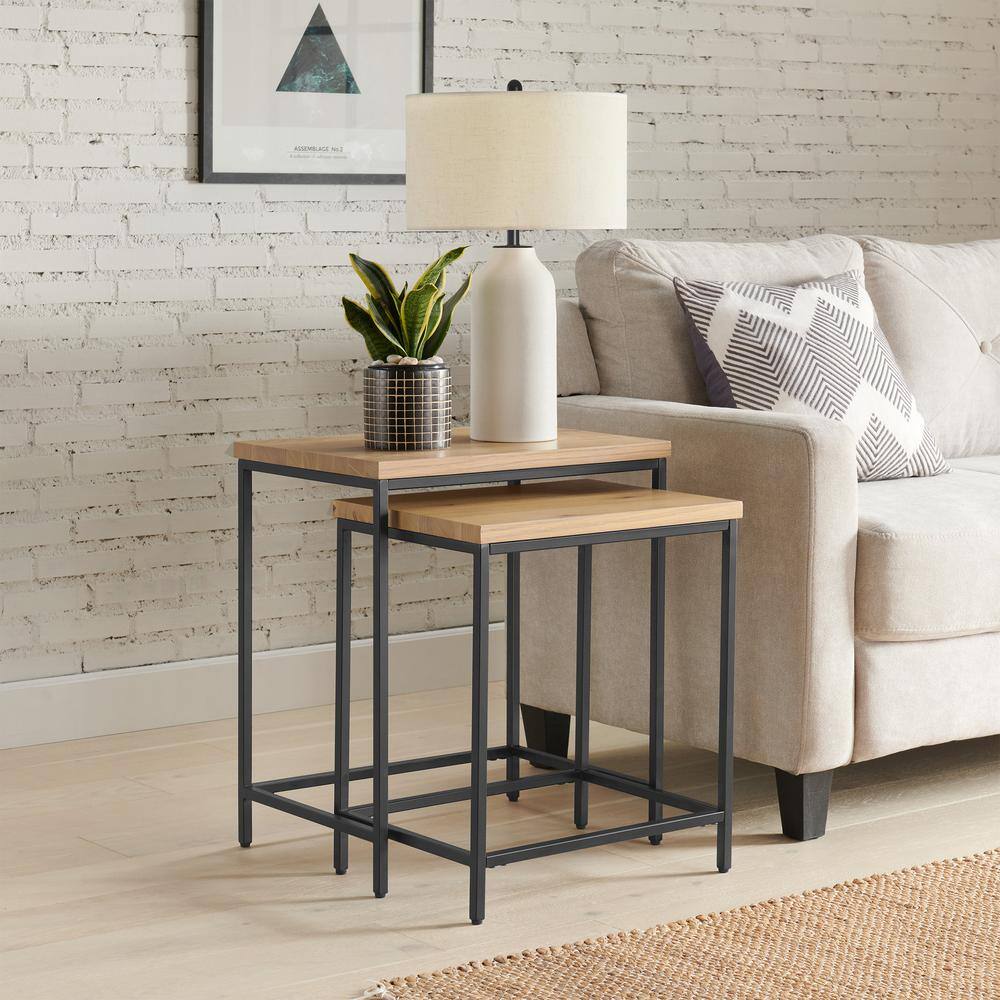 Oak and Black Metal Modern Nesting Tables Set