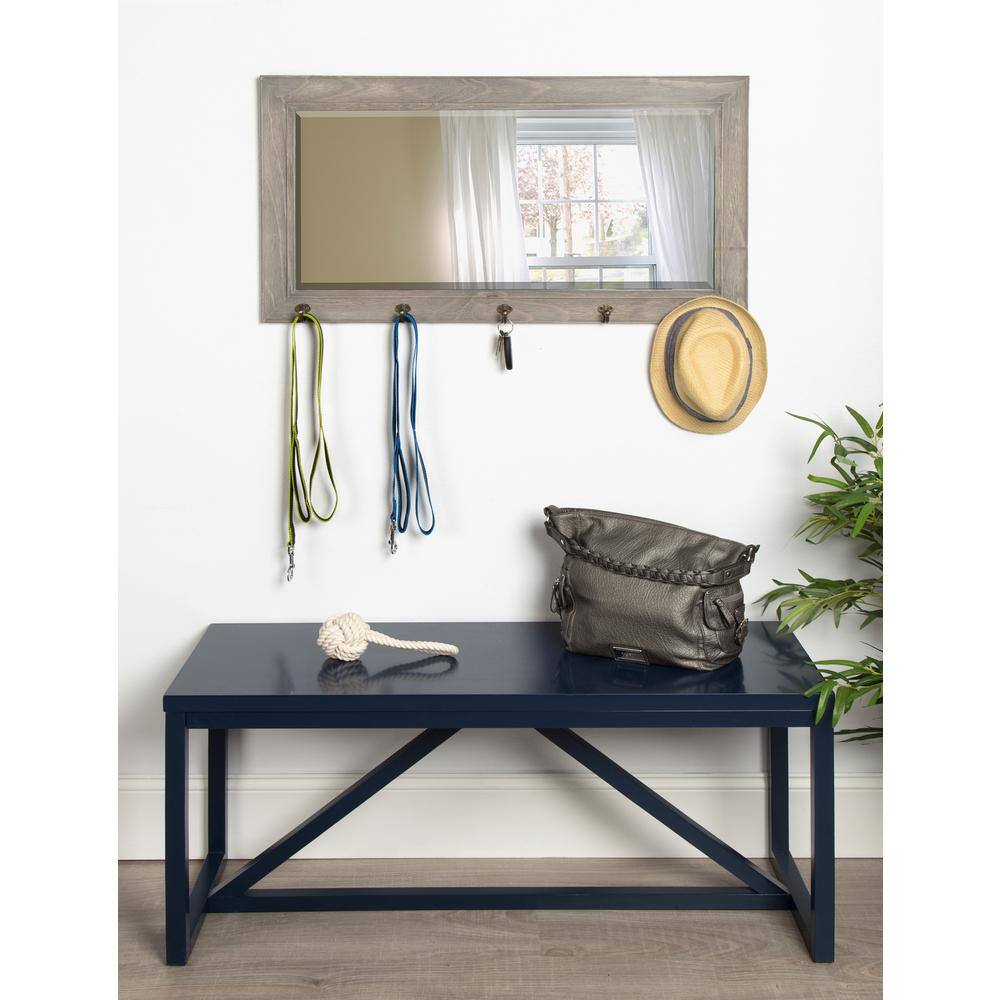 Rustic Graywash 36"x18" Wood Framed Pub Mirror with Metal Hooks