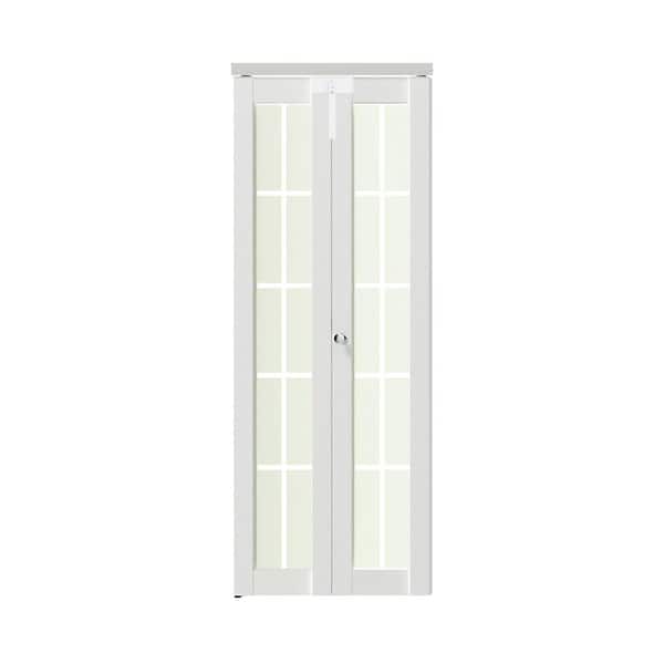 36 in. x 80 in. 10 Lite Decorative Frosted Glass Solid Core White PVC Covering MDF Bi-fold Doors with Full Accessories