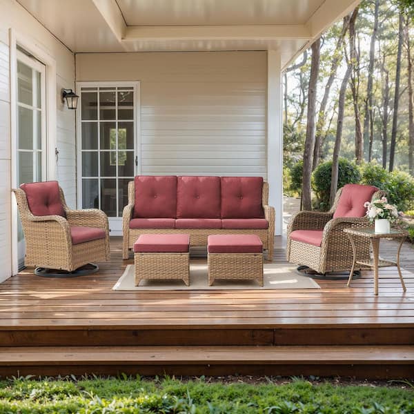 Arcline Yellow Wicker Outdoor Ottoman with Olefin Red Cushions Patio/ Porch (2-Pack)