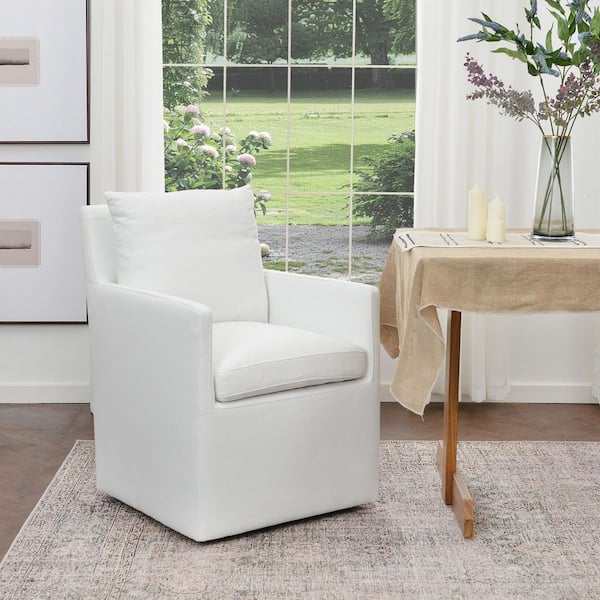 White Performance Fabric Upholstered Down Cushion Rolling Dining Armchair