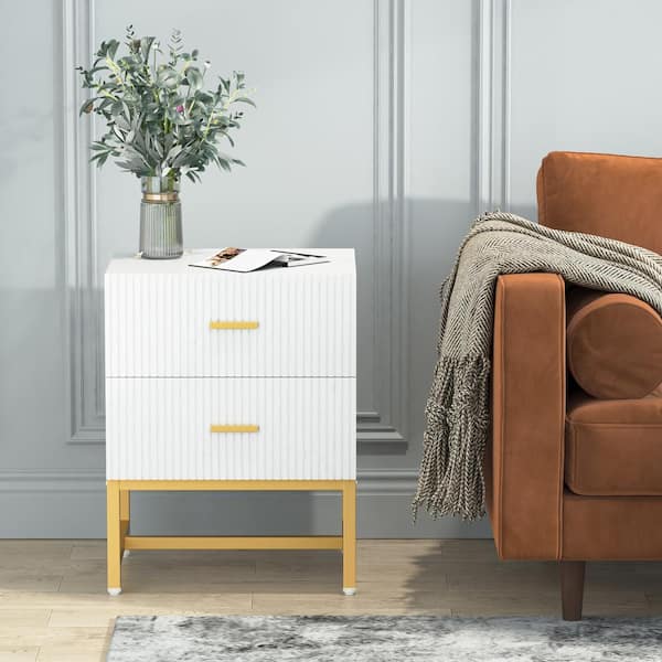 Mayville 2 Drawers White and Gold Nightstand 25.59 in. Hight x 19.69 in. Width x 15.75 in. Depth