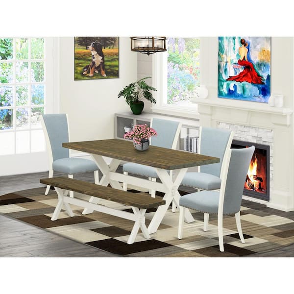 East West Furniture 6-Piece Rectangle Distressed Jacobean Finish Solid Wood Top Dining Table with 1-Bench, 4-Chairs with Lattice Back