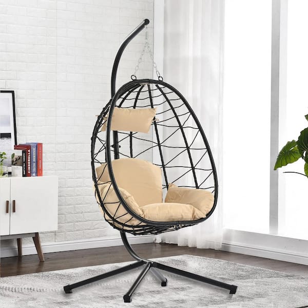 Maincraft 37.4 in. Black Steel Patio Swing Egg Chair with Beige Cushions and Pillow