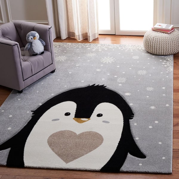 Carousel Kids 2 ft. x 4 ft. Light Gray/Black Snowflake Penguin Area Rug