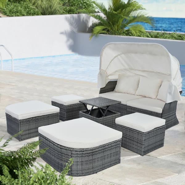 Maincraft Gray 6-Piece Wicker Outdoor Conversation Sunbed Set with Beige Cushions, Retractable Canopy