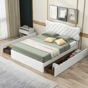 Button-Tufted White Wood Frame Queen Size PU Leather Upholstered Platform Bed with Nailhead Trim Headboard and 4-Drawer