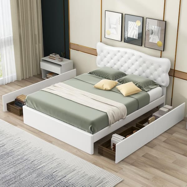 Harper & Bright Designs Button-Tufted White Wood Frame Queen Size PU Leather Upholstered Platform Bed with Nailhead Trim Headboard and 4-Drawer