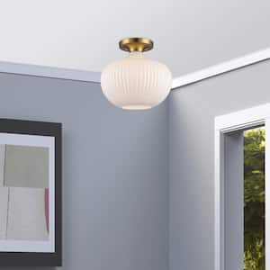 Aristo 12 in. 1-Light Antique Gold Semi-Flush Mount Ceiling Light Fixture with White Ribbed Glass Shade