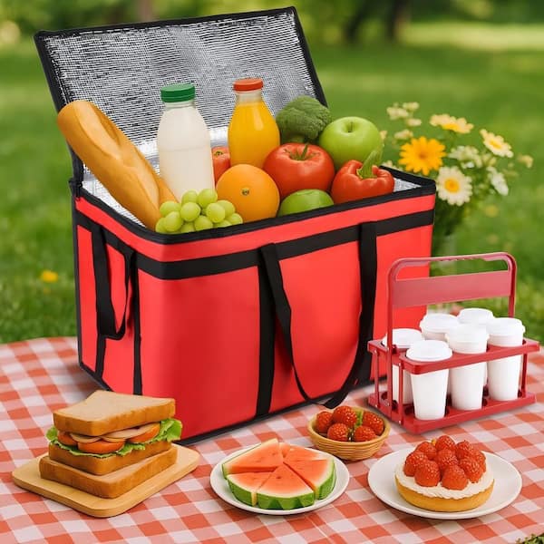 Extra Large Insulated Food Delivery Bag with Cup Holder, Heavy-Duty Thermal Foil Insulated Bag for Catering in Red