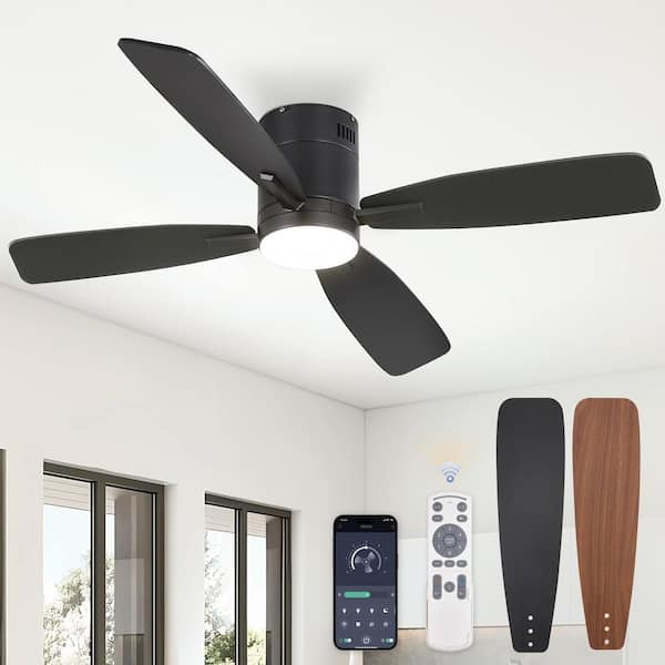 52 in. intergrated LED Indoor Dimmable 6-Speed Black Flush Mount Ceiling Fan with Light, APP and Remote Control Included