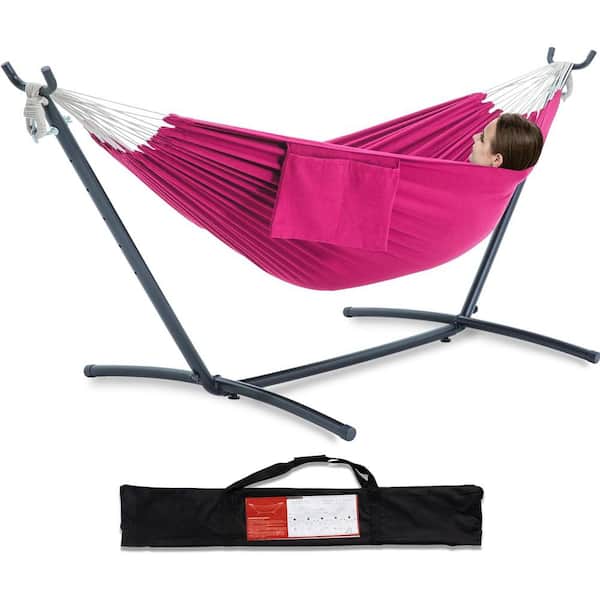 Unbranded 9 ft. 2-Person Heavy Duty Double Hammock with Space Saving Steel Stand, 450 lbs. Capacity and Carrying Bag in Rose Pink