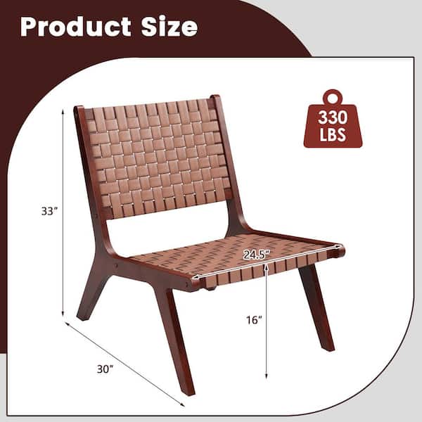 Set of 2-Brown Woven Leather Accent Chair Mid Century Rubber Wood Armless Side Chair