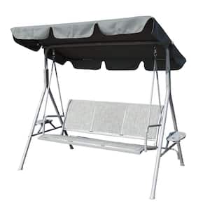 3-Person Gray Metal Outdoor Patio Swing Chair with Canopy