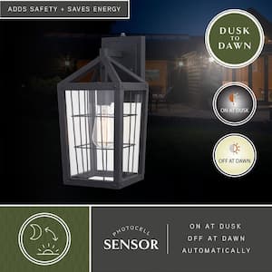 Gage 7-in Volcanic Black Outdoor Farmhouse Wire Cage Wall Lantern, Dusk to Dawn 1-Light Wall Lamp Sconce