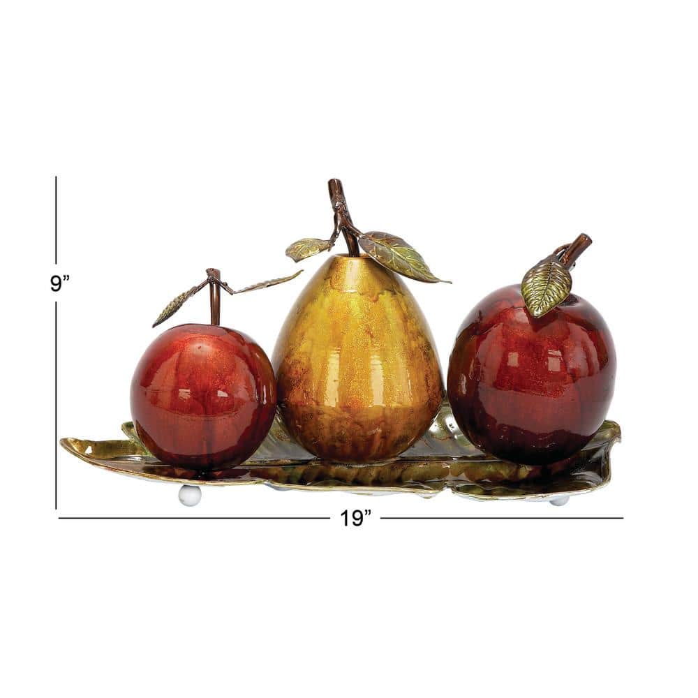Glossy Red Apple and Yellow Pear Metal Sculpture on Leaf Tray