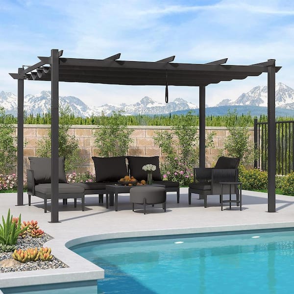 PURPLE LEAF 10 ft. x 13 ft. Gray Aluminum Outdoor Retractable Gray Frame Pergola with Sun Shade Canopy Cover