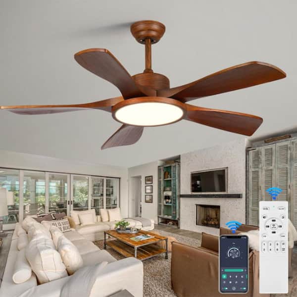 42 in. Brown 5 Wood Blades Downrod Standard Ceiling Fan with Full Spectrum LED Light and DC Motor and Remote Included