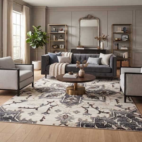 Jordan 5 x 8 Ivory/Blue Medallion Pattern Area Rug for High Traffic Living Room Dining Room Bedroom