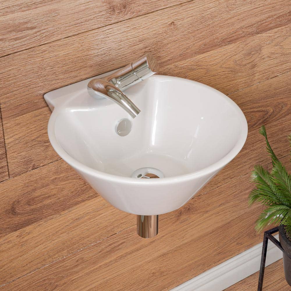 Compact White Ceramic Wall-Mount Bathroom Sink with Overflow