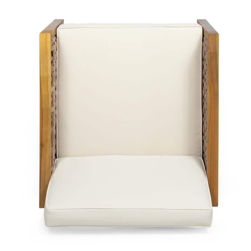 Teak Faux Rattan Club Armchair with Beige Cushions
