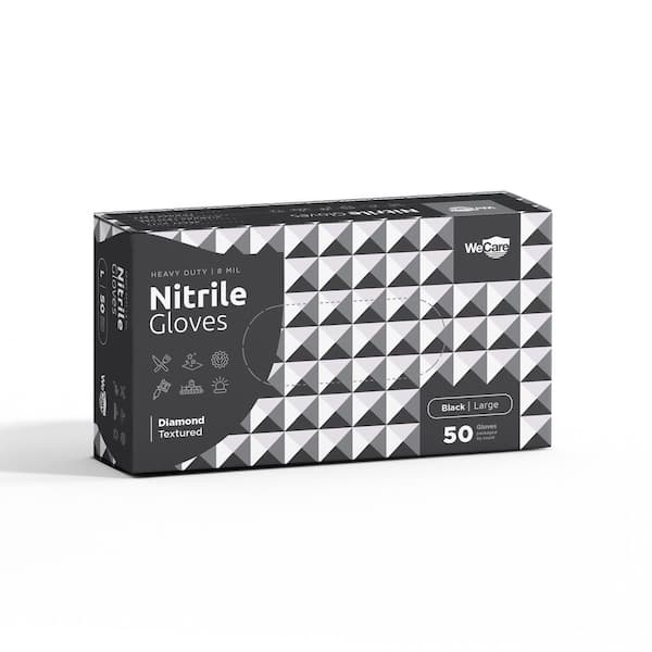 WeCare 8 Mil Large Heavy-Duty Nitrile Gloves in Black with Diamond Texture Grip Powder and Latex Free (50-Count)