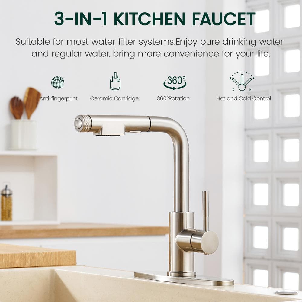 Brushed Nickel Stainless Steel Kitchen Faucet with Pull Down Sprayer