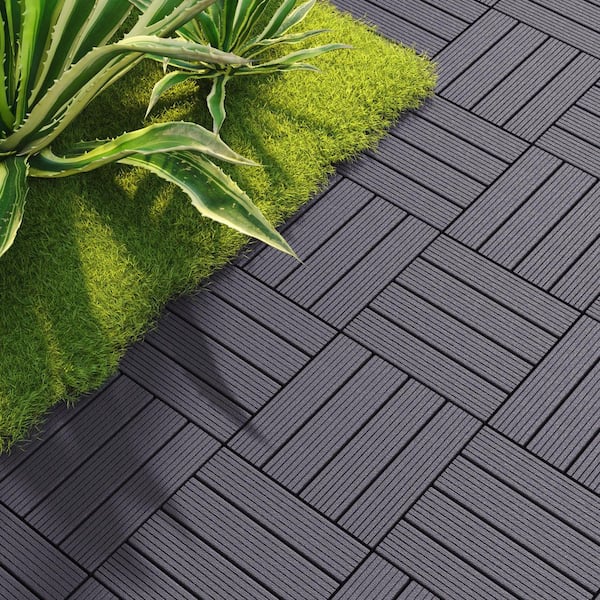 GOGEXX 12 in.W x 12 in. L Outdoor Striped Square PVC Drainage Interlocking Flooring Deck Tiles (Pack of 44 Tiles) in Gray