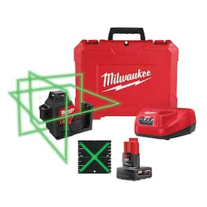 M12 12-Volt Lithium-Ion Cordless Green 250 ft. 3-Plane Laser Level Kit with One 4.0 Ah Battery, Charger and Case