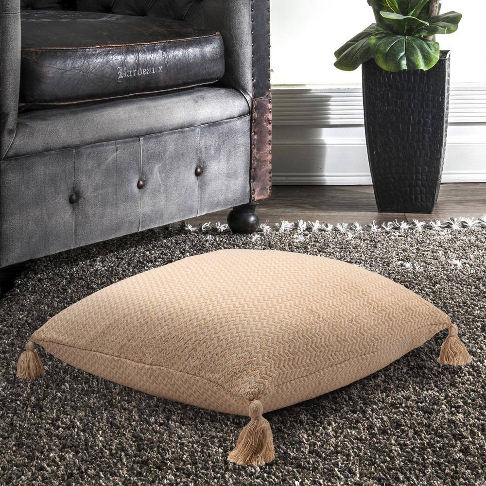 Beige Chevron Tassel Square Handcrafted Floor Pillow, 30'' x 30''