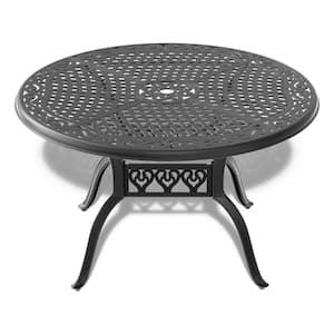 48 in. Black Cast Aluminum Patio Outdoor Dining Table with Umbrella Hole