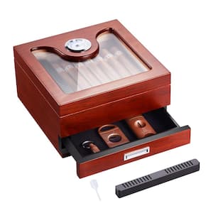 Cigar Humidor, Glass Top Cigar Humidor Box 4.5 in. H x 8.7 in. W Cigar Desktop Box Cigar Storage Case 20-35 Cigars, Wood