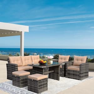 Gray 6-Piece Wicker Outdoor Sectional Set with Tan Cushions and Ottomans and Tempered Glass Table