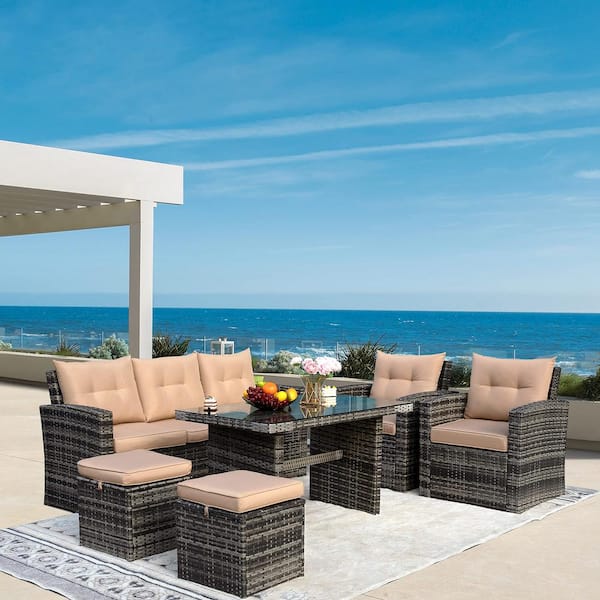 Zeus & Ruta Gray 6-Piece Wicker Outdoor Sectional Set with Tan Cushions and Ottomans and Tempered Glass Table
