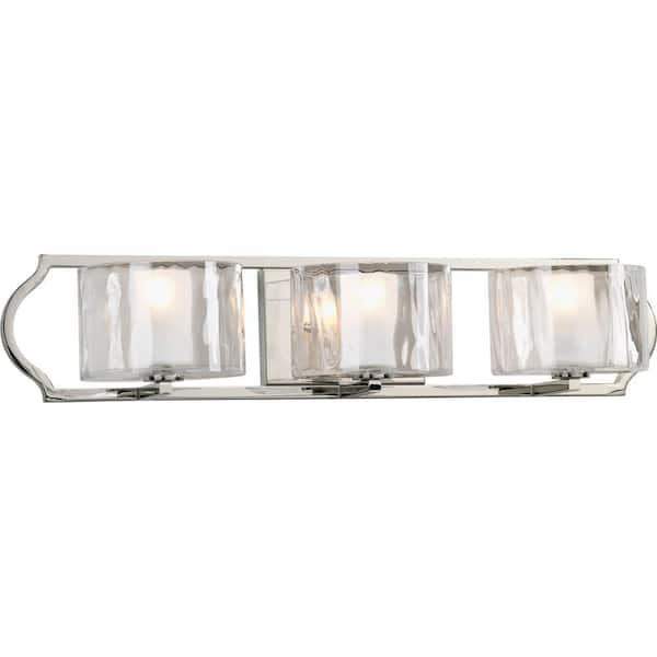 Progress Lighting Caress 3-Light Clear Water Glass Luxe Bath Vanity Light  Polished Nickel P3077-104WB