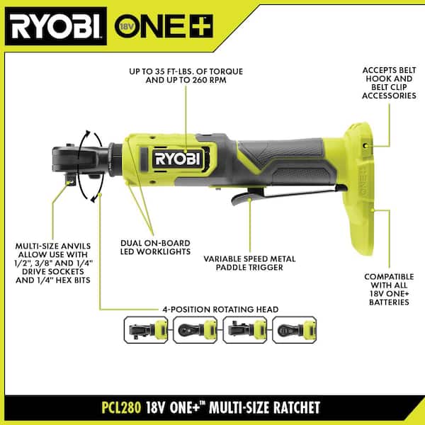 RYOBI - ONE+ 18V Cordless Multi-Size Ratchet 3/8 in. and 1/4 in. Kit with 1.5 Ah Battery and Charger